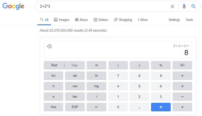 انجام محاسبات ریاضی با استفاده از ماشین حساب گوگل