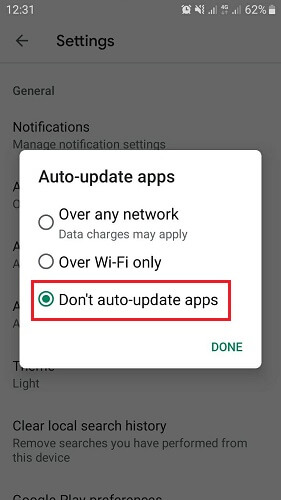 انتخاب گزینه Do not auto-update apps

