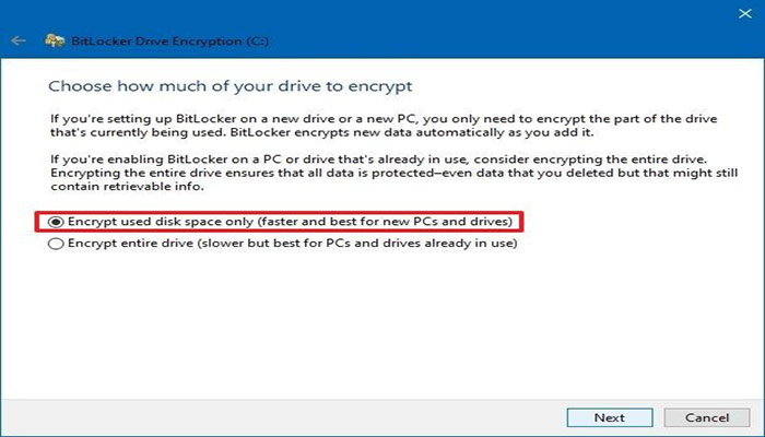 گزینه "Encrypt used disk space only" انتخاب کنید.