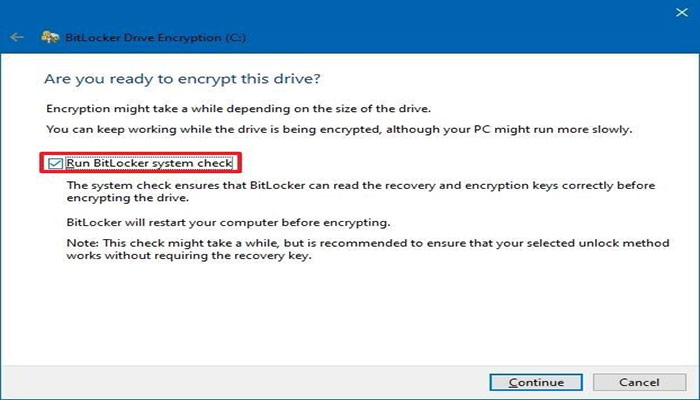 گزینه "Run BitLocker system check" را تیک✔ بزنید.