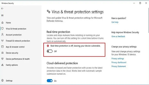 گزینه Real-time protection را غیر فعال کنید.