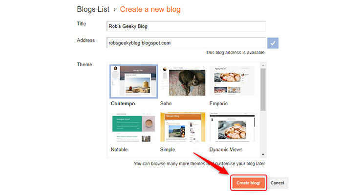 بر روی گزینه "Create Blog" کلیک کنید.