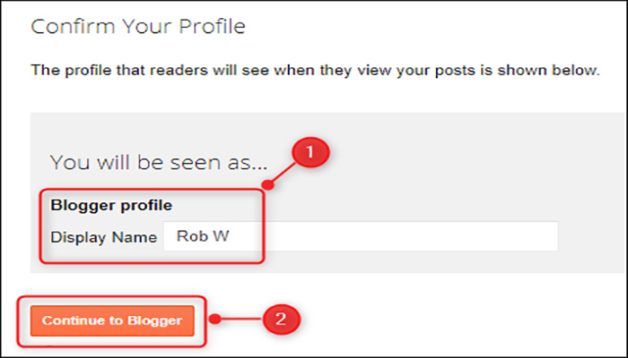 پس از وارد کردن نام، روی "Continue to Blogger" کلیک کنید.